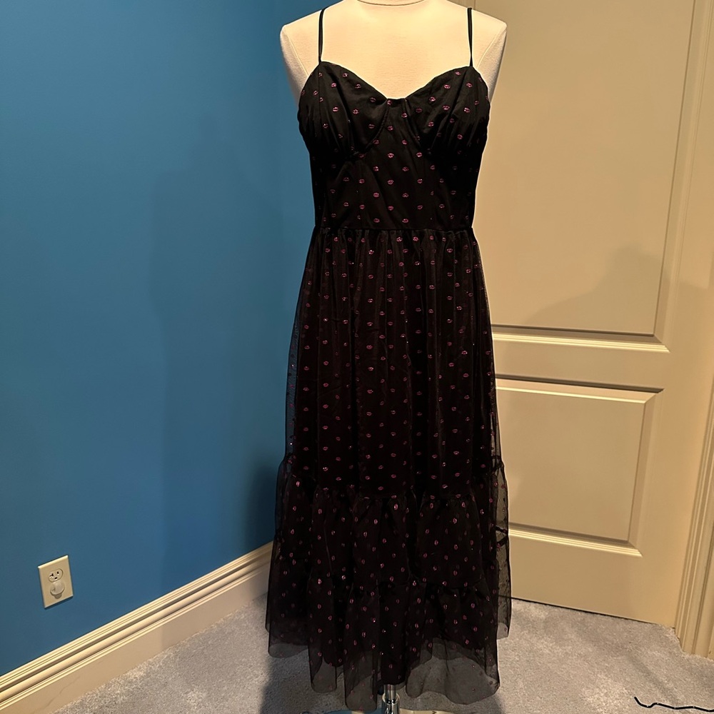 Black Midi Slip Dress with Pink Polka Dot Detail